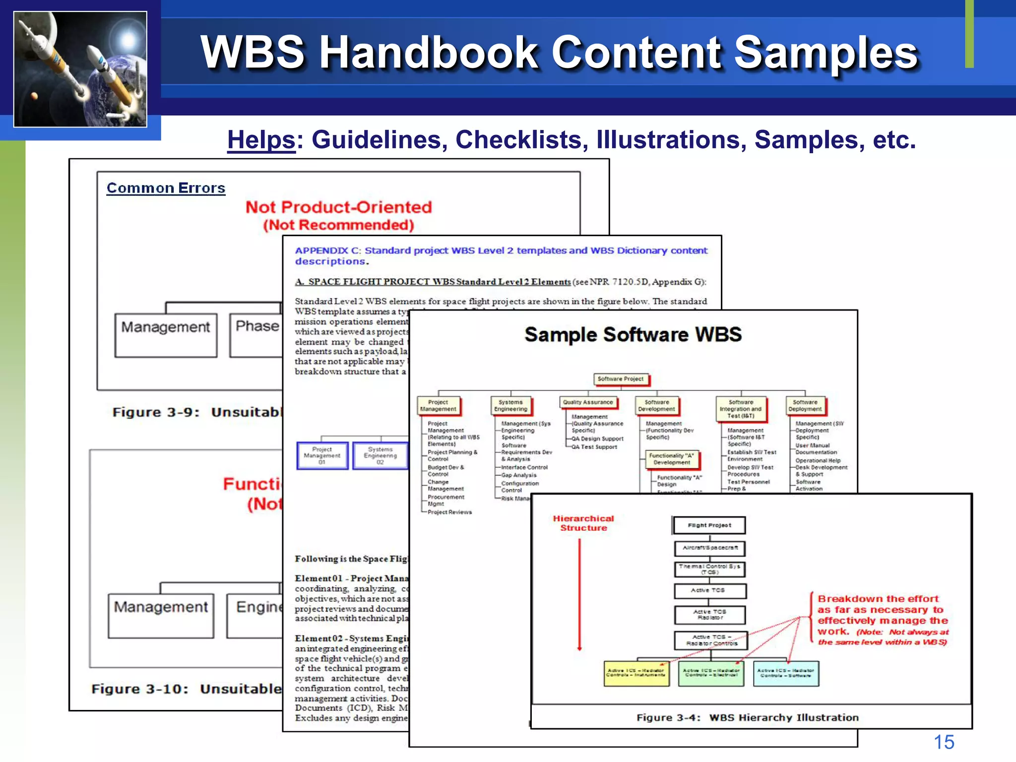 WBS Handbook Content Samples
 Helps: Guidelines, Checklists, Illustrations, Samples, etc.




                                                               15
 