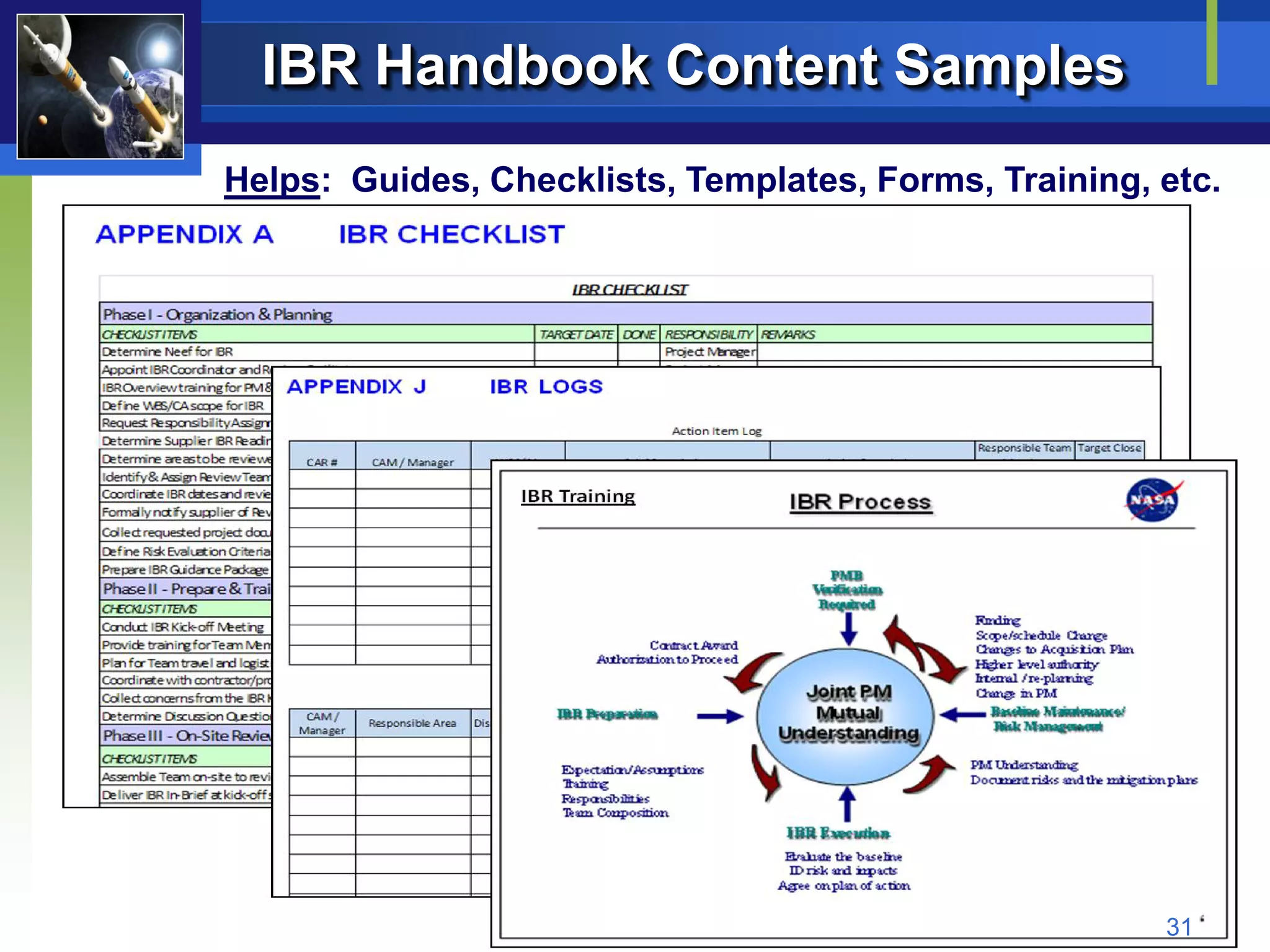 IBR Handbook Content Samples
Helps: Guides, Checklists, Templates, Forms, Training, etc.




                                                       31
 