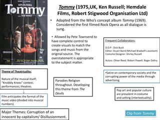 The Devils (1971, UK, Ken Russell; Russo Productions)12Adapted from two sources: The Devils of Loudon (1952) by Aldous Huxley; and the subsequent stage adaption, The Devils (1960), by John Whiting.Distancing via intertextuality:Metropolis (1927, GER, Fritz Lang); King of King’s (1927, US, Cecil B. De Mille); Song, Bye Bye Blackbrid.Also distances the spectator:unsympathetic characters/ theatrical dialogue/ exotic setting.Russell’s most controversial film. As Warner Brother’s removed a reel, deemed to offensive, this has effected the film’s overall structure.Frequent Collaborators:Producer: Roy Baird,  Ken RussellD.O.P : David WatkinEditor: Michael BradsellComposer: Peter Maxwell DaviesCostume Designer: Shirley RussellSet Designer: Derek JarmanActors: Oliver Reed; Catherine Wilmer; Judith Paris; Graham Armitage;  Max Adrian; Georgina Hale; Brian Murphy; Murray MelvinTheme of Theatricality:Court masque; Sister’s acting out a mock marriage; Travelling Performers (Execution); The Exorcism; The Crowd as a carnival and an audience.Satire on religion.Russell Creates an Abstract Setting for a historical filmControl over the mise-en-scene and editing.Major Themes: Sexuality/ Corruption of society by Authority (Church/State)Clip from The Devils
