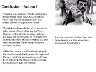 Tommy (1975,UK, Ken Russell; Hemdale Films, Robert Stigwood Organisation Ltd)13Adapted from the Who’s concept album Tommy (1969). Considered the first filmed Rock Opera as all dialogue is sung.  Allowed by Pete Townsend to have complete control to create visuals to match the songs and music from the original source. The overstatement is appropriate to the subject matter. Frequent Collaborators:D.O.P : Dick BushEditor: Stuart Baird (Michael Bradsell’s assistant)Costume Designer: Shirley RussellActors: Oliver Reed; Robert Powell; Roger Daltry.Theme of Theatricality:Nature of the musical itself; “Knobbly Knees” contest; performances; theatres.Satire on contemporary society and the corrupting power of the media through advertising.Parodies Religion throughout. Developing this theme from The DevilsPop art and popular culture are prevalent in costume and setting (intertextuality). Film anticipates the format of the music video (divided into musical numbers).Major Themes: Corruption of an innocent by capitalism/ Disillusionment.Clip from Tommy