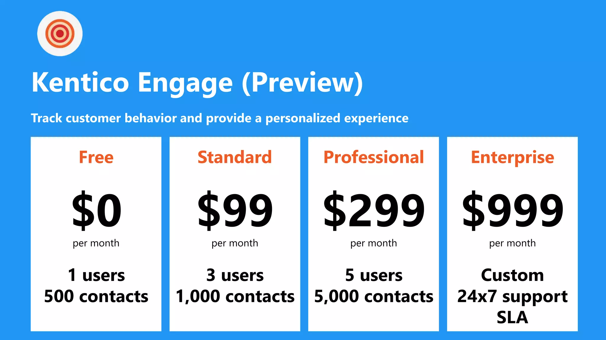 Kentico Engage (Preview)
Track customer behavior and provide a personalized experience
Free
$0per month
1 users
500 contacts
Standard
$99per month
3 users
1,000 contacts
Professional
$299per month
5 users
5,000 contacts
Enterprise
$999per month
Custom
24x7 support
SLA
 