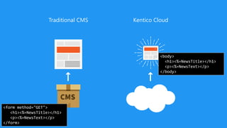 Traditional CMS Kentico Cloud
<body>
<h1>Great news!</h1>
<p>We have a new...</p>
</body>
<body>
<h1><%=NewsTitle></h1>
<p><%=NewsText></p>
</body>
<form method="GET">
<h1><%=NewsTitle></h1>
<p><%=NewsText></p>
</form>
 