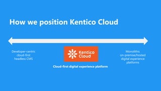 How we position Kentico Cloud
Developer-centric
cloud-first
headless CMS
Monolithic
on-premise/hosted
digital experience
platforms
Cloud-first digital experience platform
 