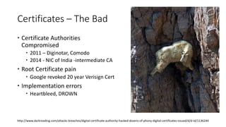Certificates – The Bad
 Certificate Authorities
Compromised
 2011 – Diginotar, Comodo
 2014 - NIC of India -intermediate CA
 Root Certificate pain
 Google revoked 20 year Verisign Cert
 Implementation errors
 Heartbleed, DROWN
http://www.darkreading.com/attacks-breaches/digital-certificate-authority-hacked-dozens-of-phony-digital-certificates-issued/d/d-id/1136244
 