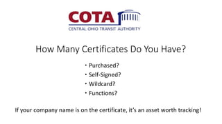 How Many Certificates Do You Have?
 Purchased?
 Self-Signed?
 Wildcard?
 Functions?
If your company name is on the certificate, it’s an asset worth tracking!
 