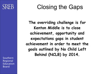 Closing the Gaps

             The overriding challenge is for
                Kenton Middle is to close
              achievement, opportunity and
              expectations gaps in student
            achievement in order to meet the
             goals outlined by No Child Left
                 Behind (NCLB) by 2014.
Southern
Regional
Education
Board
 