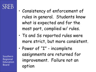 • Consistency of enforcement of
              rules in general. Students know
              what is expected and for the
              most part, complied w/ rules.
            • Ts and Ss reported rules were
              more strict, but more consistent.
            • Power of “I” - incomplete
Southern
              assignments are returned for
Regional
Education     improvement. Failure not an
Board
              option
 
