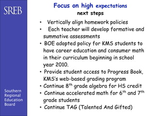 Focus on high expectations
                           next steps
            • Vertically align homework policies
            • Each teacher will develop formative and
              summative assessments
            • BOE adopted policy for KMS students to
              have career education and consumer math
              in their curriculum beginning in school
              year 2010.
            • Provide student access to Progress Book,
              KMS’s web-based grading program
            • Continue 8th grade algebra for HS credit
Southern
Regional    • Continue accelerated math for 6th and 7th
Education     grade students
Board
            • Continue TAG (Talented And Gifted)
 
