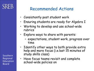 Recommended Actions
            • Consistently post student work
            • Ensuring students are ready for Algebra I
            • Working to develop and use school-wide
              rubrics
            • Explore ways to share with parents:
               – expectations, student work, progress over
                 time
            • Identify other ways to both provide extra
              help and more focus (i.e.last 15 minutes of
Southern      study skills class)
Regional    • Have focus teams revisit and complete
Education
Board
              school-wide policies on
 