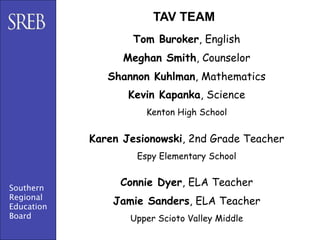 TAV TEAM
                    Tom Buroker, English
                  Meghan Smith, Counselor
               Shannon Kuhlman, Mathematics
                   Kevin Kapanka, Science
                      Kenton High School


            Karen Jesionowski, 2nd Grade Teacher
                    Espy Elementary School


Southern
                 Connie Dyer, ELA Teacher
Regional
Education
                Jamie Sanders, ELA Teacher
Board              Upper Scioto Valley Middle
 