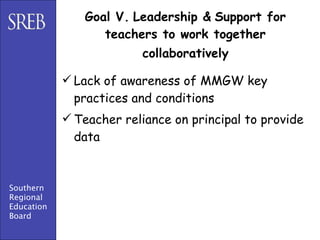 Goal V. Leadership & Support for
                   teachers to work together
                          collaboratively

             Lack of awareness of MMGW key
              practices and conditions
             Teacher reliance on principal to provide
              data



Southern
Regional
Education
Board
 
