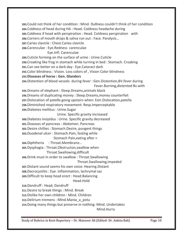 Study of Rubrics in Kent Repertory