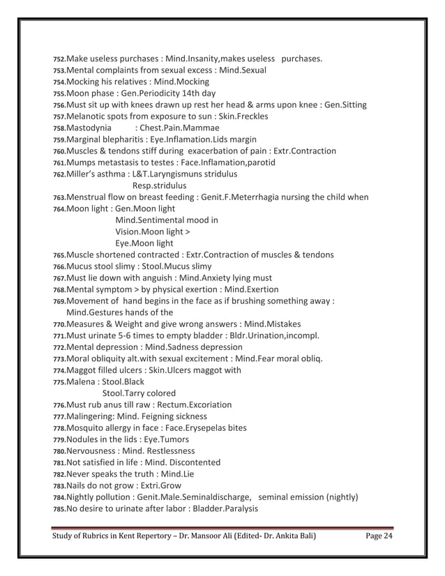 Study of Rubrics in Kent Repertory