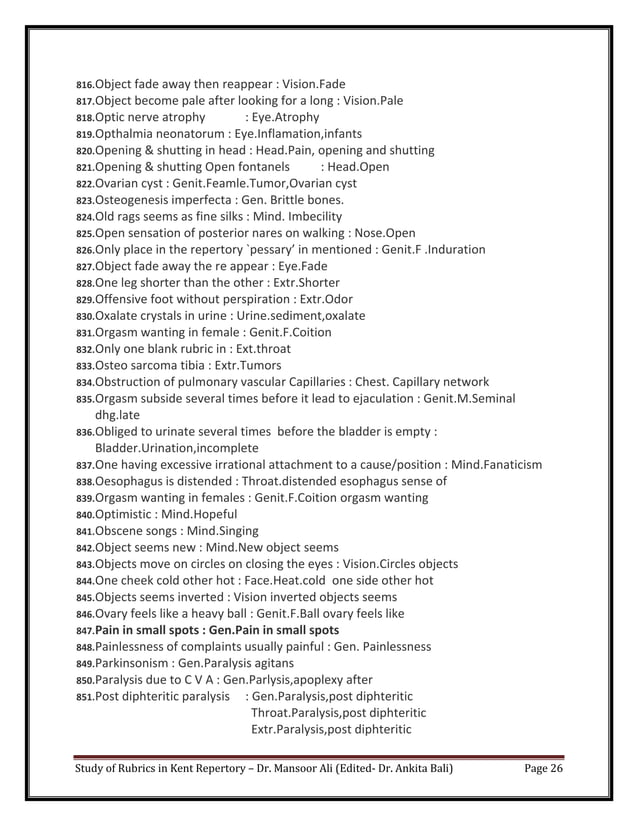 Study of Rubrics in Kent Repertory