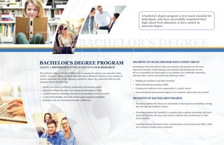 BACHELOR’S DEGREE
XX ELCEEXCECEBACHELOR'S DEGREE PROGRAM SHARING TO MAKE HIGHER EDUCATION GREAT
The bachelor’s degree offered in KBU assists in moving forward in your respective field,
further, if you are willing to switch your field, then a Bachelor's degree in your domain of
interest may help you to lead. Earning a bachelor's degree in a particular field not only
prepares you for the following
Kentsbridge University believes that your passion and expertise are the most
important elements in determining your academic and professional success.
We are responsible and answerable to our students, the worldwide community,
and each other, and are directed by the following values:
MAKING A DIFFERENCE IN THE WORLD WITH OUR RESEARCH
A bachelor's degree program is very much essential for
individuals, who have successfully completed their
high school level education or have earned an
associate degree.
Faculty that excels in scholarly productivity and teaching ability
Approach to legal education encouraging interdisciplinary study
A global emphasis, including educational partnerships around the world
A part of Kentsbridge, one of the world’s great research universities
Graduates who are connected and make a difference
Helping our students reach their potential
Delivering lifelong learning At KBU
Training our students to live competently in a global society
Our professional and personal support of our students’ goals truly sets us apart.
BENEFITS OF BACHELOR’S DEGREE
Providing students the chance to concentrate on their passion by building a strong
base through our bachelor's degree
Providing students the feasibility to combine their academic knowledge with their
practical expertise, this may assist them to enhance their performance in their
chosen domain
Assisting students to improve their communication and interpersonal skills, which
are essential for better career prospects
 