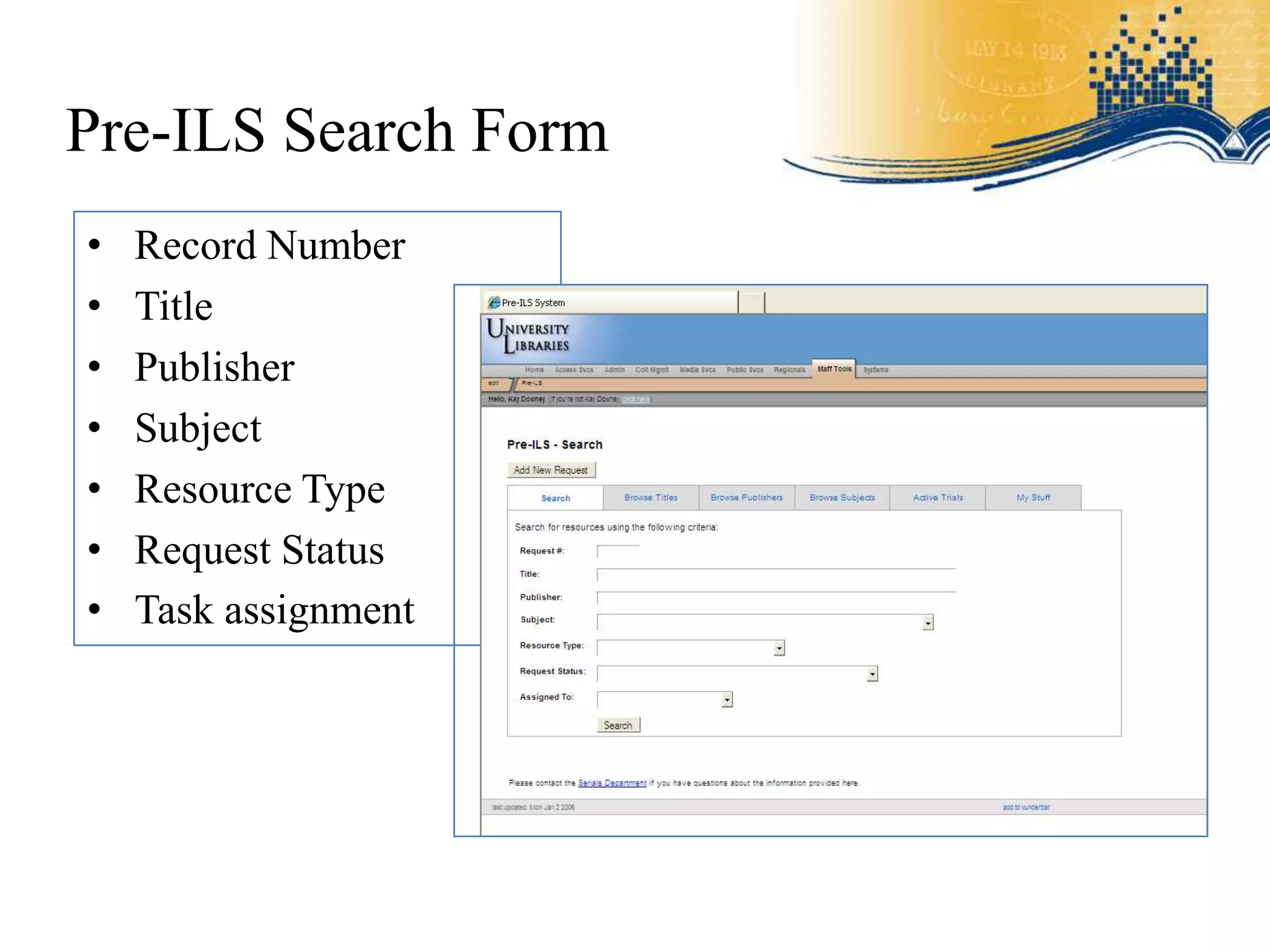 Pre-ILS Search Form
•   Record Number
•   Title
•   Publisher
•   Subject
•   Resource Type
•   Request Status
•   Task assignment
 