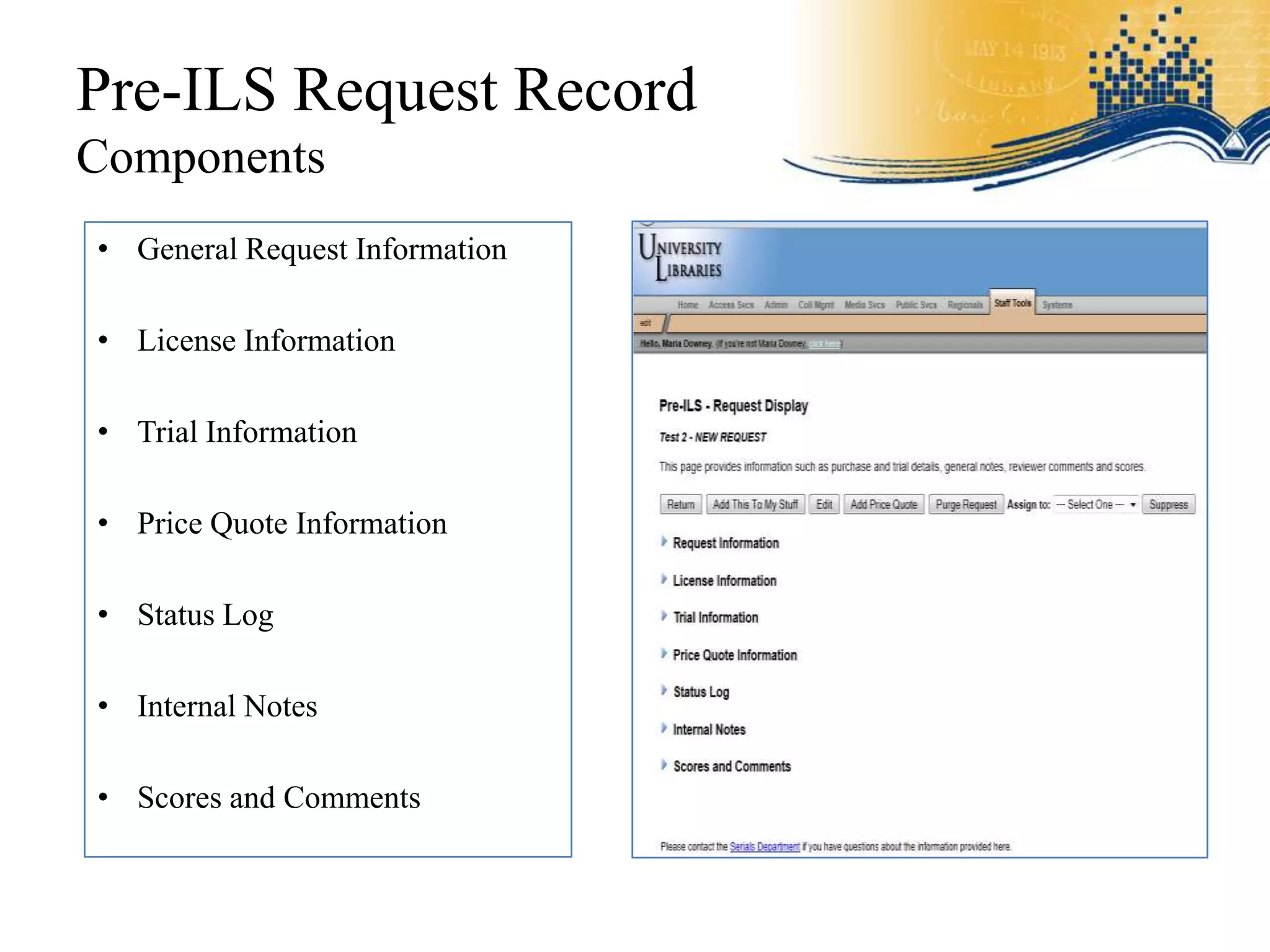 Pre-ILS Request Record
Components
• General Request Information

• License Information

• Trial Information

• Price Quote Information

• Status Log

• Internal Notes

• Scores and Comments
 