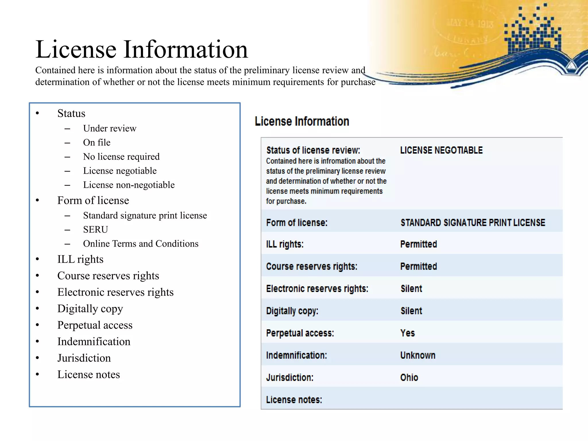 License Information
Contained here is information about the status of the preliminary license review and
determination of whether or not the license meets minimum requirements for purchase


•    Status
       –   Under review
       –   On file
       –   No license required
       –   License negotiable
       –   License non-negotiable
•    Form of license
       –   Standard signature print license
       –   SERU
       –   Online Terms and Conditions
•    ILL rights
•    Course reserves rights
•    Electronic reserves rights
•    Digitally copy
•    Perpetual access
•    Indemnification
•    Jurisdiction
•    License notes
 