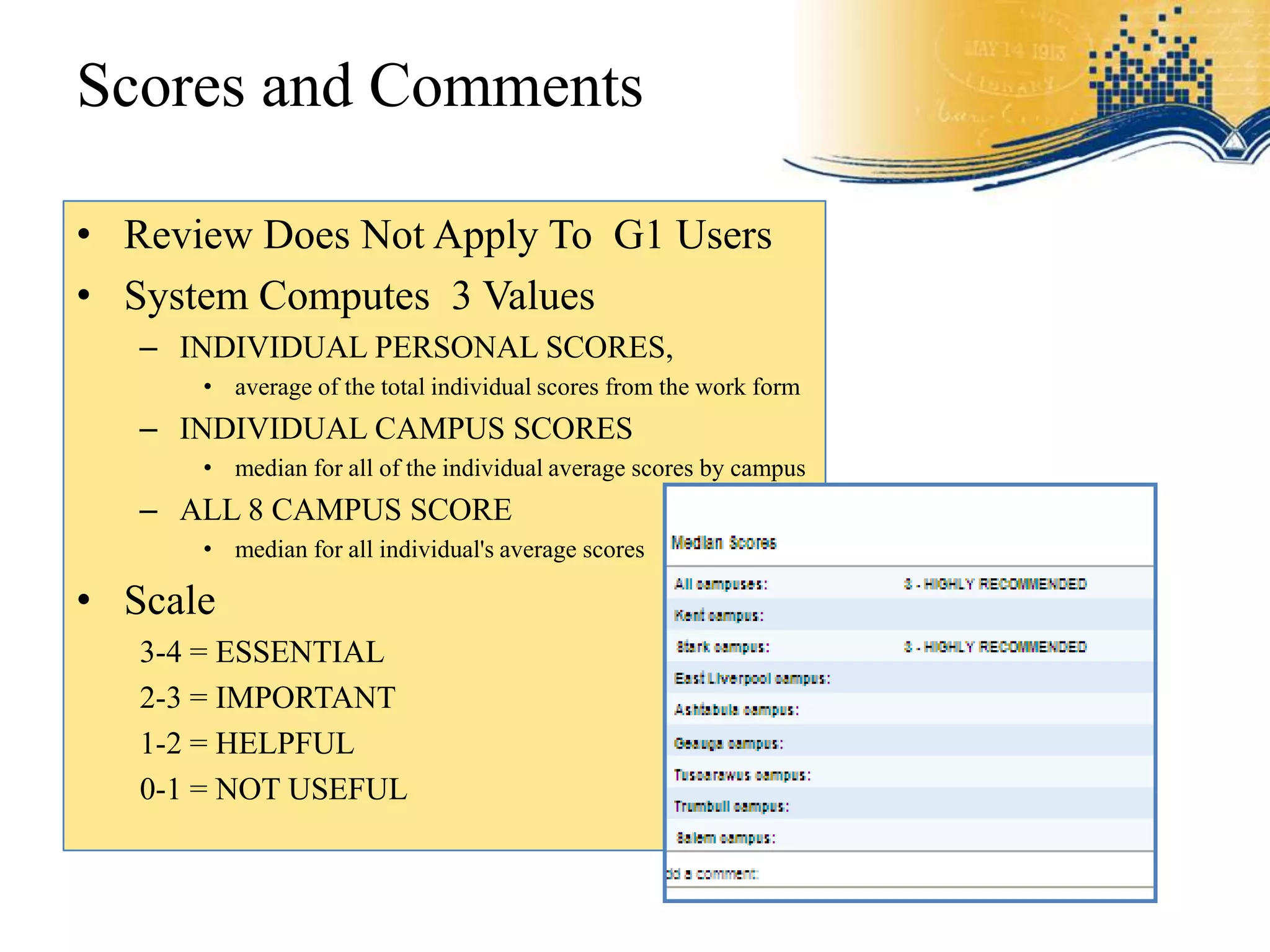 Scores and Comments

• Review Does Not Apply To G1 Users
• System Computes 3 Values
   – INDIVIDUAL PERSONAL SCORES,
      • average of the total individual scores from the work form
   – INDIVIDUAL CAMPUS SCORES
      • median for all of the individual average scores by campus
   – ALL 8 CAMPUS SCORE
      • median for all individual's average scores

• Scale
   3-4 = ESSENTIAL
   2-3 = IMPORTANT
   1-2 = HELPFUL
   0-1 = NOT USEFUL
 
