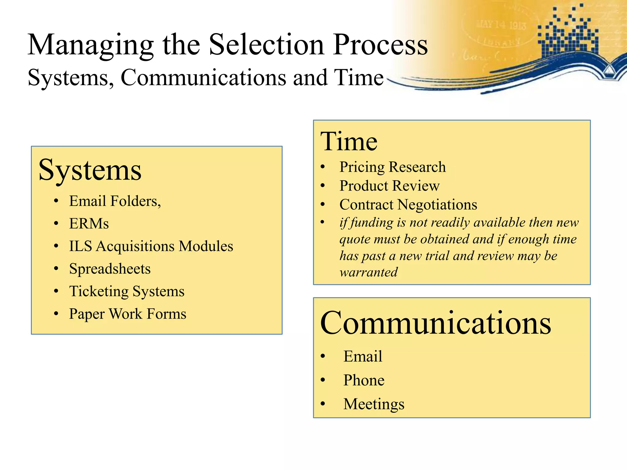 Managing the Selection Process
Systems, Communications and Time

                                 Time
                                 • Pricing Research
Systems                          • Product Review
  •   Email Folders,             • Contract Negotiations
  •   ERMs                       •   if funding is not readily available then new
                                     quote must be obtained and if enough time
  •   ILS Acquisitions Modules
                                     has past a new trial and review may be
  •   Spreadsheets                   warranted
  •   Ticketing Systems
  •   Paper Work Forms
                                 Communications
                                 •   Email
                                 •   Phone
                                 •   Meetings
 