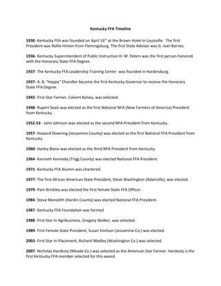 Kentucky FFA Timeline
1930- Kentucky FFA was founded on April 16th at the Brown Hotel in Louisville. The first
President was Rollie Hinton from Flemingsburg. The first State Advisor was G. Ivan Barnes.
1936- Kentucky Superintendent of Public Instruction H. W. Peters was the first person honored
with the Honorary State FFA Degree.
1937- The Kentucky FFA Leadership Training Center was founded in Hardinsburg.
1937- A. B. "Happy" Chandler became the first Kentucky Governor to receive the Honorary
State FFA Degree.
1942- First Star Farmer, Calvert Kelsey, was selected.
1948- Rupert Seals was elected as the first National NFA (New Farmers of America) President
from Kentucky.
1952-53 - John Johnson was elected as the second NFA President from Kentucky.
1957- Howard Downing (Jessamine County) was elected as the first National FFA President from
Kentucky.
1960- Harley Blane was elected as the third NFA President from Kentucky.
1964- Kenneth Kennedy (Trigg County) was elected National FFA President.
1971- Kentucky FFA Alumni was chartered.
1977- The first African American State President, Steve Washington (Adairville), was elected.
1979- Pam Brinkley was elected the first female State FFA Officer.
1984- Steve Meredith (Hardin County) was elected National FFA President.
1987- Kentucky FFA Foundation was formed
1988- First Star In Agribusiness, Gregory Walker, was selected.
1989- First Female State President, Susan Smitson (Jessamine Co.) was elected.
2003- First Star In Placement, Richard Medley (Washington Co.) was selected.
2007- Nicholas Hardesty (Meade Co.) was selected as the American Star Farmer. Hardesty is the
first Kentucky FFA member selected for this award.

 
