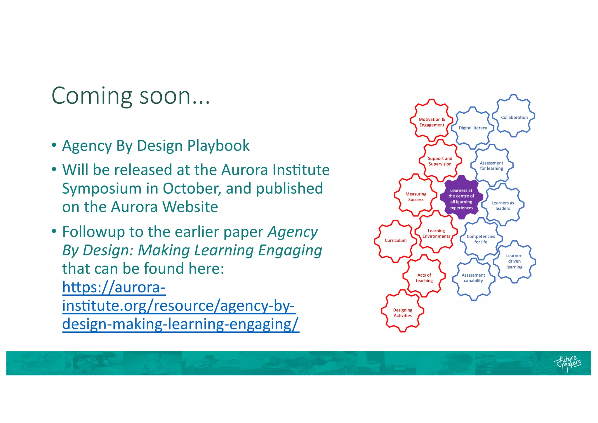 Coming soon...
• Agency By Design Playbook
• Will be released at the Aurora Ins;tute
Symposium in October, and published
on the Aurora Website
• Followup to the earlier paper Agency
By Design: Making Learning Engaging
that can be found here:
hPps://aurora-
ins;tute.org/resource/agency-by-
design-making-learning-engaging/
 