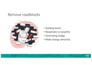 Remove roadblocks
• Building belief
• Neophobic vs neophilic
• Eliminating sludge
• Make change attractive
 