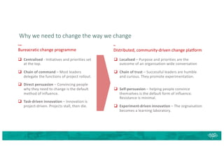 Why we need to change the way we change
From:
Bureacratic change programme
q Centralised - Initiatives and priorities set
at the top.
q Chain of command – Most leaders
delegate the functions of project rollout.
q Direct persuasion – Convincing people
why they need to change is the default
method of influence.
q Task-driven innovation – Innovation is
project-driven. Projects stall, then die.
q Localised – Purpose and priorities are the
outcome of an organisation-wide conversation
q Chain of trust – Successful leaders are humble
and curious. They promote experimentation.
q Self-persuasion – helping people convince
themselves is the default form of influence.
Resistance is minimal.
q Experiment-driven innovation – The orgnaisation
becomes a learning laboratory.
To:
Distributed, community-driven change platform
 