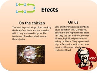 Efects
On the chicken

On us

The birds legs and wings often break by
the lack of nutrients and the speed at
which they are forced to grow. The
treatment of workers also increase
their injuries.

Salts and flavorings can potentially
cause addiction to KFC products.
Because of the highly refined table
salt they use can lead to Alzheimer’s
disease, high blood pressure and
kidney problems. They algo use oils
high in fatty acids, which can cause
heart problems and a high
cholesterol level.

 