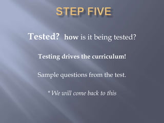 Step FiveTested?  how is it being tested? Testing drives the curriculum!Sample questions from the test.  * We will come back to this