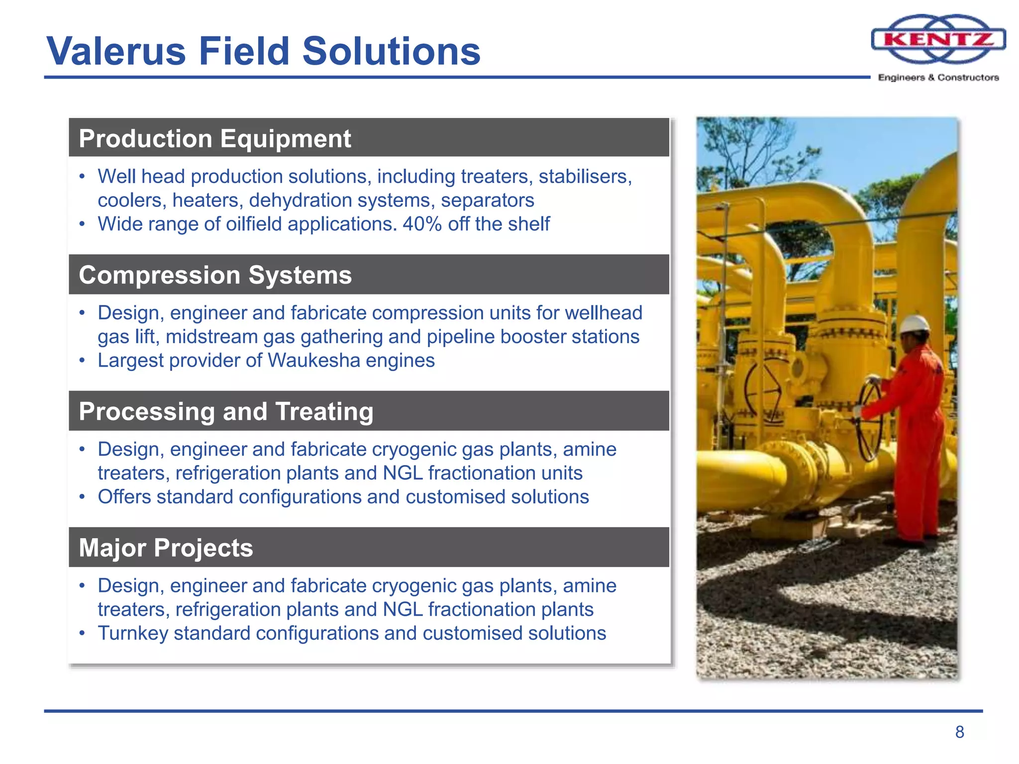 Valerus Field Solutions
8
Production Equipment
• Well head production solutions, including treaters, stabilisers,
coolers, heaters, dehydration systems, separators
• Wide range of oilfield applications. 40% off the shelf
Compression Systems
• Design, engineer and fabricate compression units for wellhead
gas lift, midstream gas gathering and pipeline booster stations
• Largest provider of Waukesha engines
Processing and Treating
• Design, engineer and fabricate cryogenic gas plants, amine
treaters, refrigeration plants and NGL fractionation units
• Offers standard configurations and customised solutions
Major Projects
• Design, engineer and fabricate cryogenic gas plants, amine
treaters, refrigeration plants and NGL fractionation plants
• Turnkey standard configurations and customised solutions
 