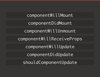 componentWillMount
componentDidMount
componentWillUnmount
componentWillReceiveProps
componentWillUpdate
componentDidUpdate
shouldComponentUpdate
 