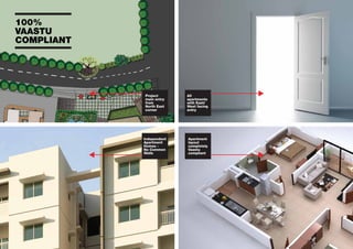 100%
VAASTU
COMPLIANT
Project
main entry
from
North East
corner
Independent
Apartment
Homes -
No Common
Walls
All
apartments
with East/
West facing
entry
Apartment
layout
completely
Vaastu
compliant
 