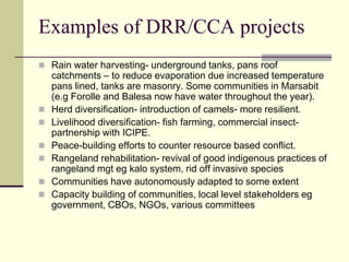 Examples of DRR/CCA projects
 Rain water harvesting- underground tanks, pans roof
    catchments – to reduce evaporation due increased temperature
    pans lined, tanks are masonry. Some communities in Marsabit
    (e.g Forolle and Balesa now have water throughout the year).
   Herd diversification- introduction of camels- more resilient.
   Livelihood diversification- fish farming, commercial insect-
    partnership with ICIPE.
   Peace-building efforts to counter resource based conflict.
   Rangeland rehabilitation- revival of good indigenous practices of
    rangeland mgt eg kalo system, rid off invasive species
   Communities have autonomously adapted to some extent
   Capacity building of communities, local level stakeholders eg
    government, CBOs, NGOs, various committees
 