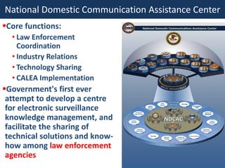 National Domestic Communication Assistance Center
Core functions:
• Law Enforcement
Coordination
• Industry Relations
• T...