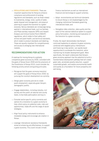 Green Economy Assessment Report – Kenya 
5 
——Regulations and stanaddrs. There are 
important opportunities for Kenya to enhance 
compliance and enforcement of existing 
regulations and standards, such as those related 
to biodiversity, energy, noise, quality of water, 
waste disposal and management, and physical 
planning to support the transition to a green 
economy. Various standards are increasingly being 
applied in international trade, such as Sanitary 
and Phyto-sanitary measures (SPS) and Hazard 
Analysis and Critical Control Point (HACCP) 
regulations, which relate to food safety and 
animal and plant health; and technical standards, 
which relate to product standards and labelling. 
These are equally important for competitiveness 
and access to emerging new international 
markets. 
Recommendations for action 
A roadmap for moving Kenya to a globally 
competitive green economy by 2030, consistent with 
the goals of Kenya Vision 2030 and the provisions of 
the Constitution of Kenya 2010, could consider the 
following priority actions and guiding principles: 
—— Recognize that the green economy transition 
will support the goals of Kenya Vision 2030, by 
pursuing the country’s development as a priority; 
—— Design green economy policies to create 
youth employment, especially given Kenya’s 
demographic profile; 
—— Engage stakeholders, including industry, civil 
society and the public at national and county 
levels, to facilitate participation and buy-in; 
—— Consider sector-specific policy scenarios and 
options for a transition to a green economy to 
help inform policy on potential costs, risks and 
opportunities, trade-offs and the range of sector 
strategies; 
—— Align fiscal policy instruments to enhance 
renewable energy and encourage job creation in 
Kenya; 
—— Leverage international assistance frameworks 
aimed at enhancing aid effectiveness, to support 
a green economy. This could include climate 
finance mechanisms as well as international 
financial and technological support schemes; 
—— Adopt environmental and technical standards 
to ensure Kenya is not disadvantaged by the 
changing institutional framework governing 
international trade; and 
——Strengthen data collection, data quality and the 
reach of the national statistical system to support 
policy formulation, monitoring and evaluation of 
the transition to a green economy. 
Finally, the report demonstrates how Kenya’s 
continued leadership to advance its green economy, 
combined with targeted policy interventions 
and financing in key sectors can rapidly boost 
opportunities to accelerate this transition, while 
maintaining its broader development goals. More 
specifically, the report underscores that Kenya’s 
green economy approach has the potential to build a 
transformative development pathway that will create 
green jobs, accelerate poverty reduction, support 
sustainable growth, and restore environmental health 
and quality as a foundation for future prosperity and 
well-being. 
Souvenir market in Kenya/World Bank Photo Collection 
 