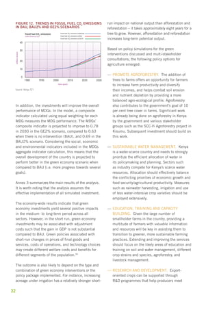million tonnes 
Fossil fuel CO2 emissions 
40 
30 
20 
10 
0 
1980 1990 2000 2010 2020 2030 
In addition, the investments will improve the overall 
performance of MDGs. In the model, a composite 
indicator calculated using equal weighting for each 
MDG measures the MDG performance. The MDGs’ 
composite indicator is projected to improve to 0.78 
in 2030 in the GE2% scenario, compared to 0.63 
when there is no intervention (BAU), and 0.69 in the 
BAU2% scenario. Considering the social, economic 
and environmental indicators included in the MDGs 
aggregate indicator calculation, this means that the 
overall development of the country is projected to 
perform better in the green economy scenario when 
compared to BAU (i.e. more progress towards several 
goals). 
Annex 3 summarizes the main results of the analysis. 
It is worth noting that the analysis assumes the 
effective implementation of all simulated investment. 
The economy-wide results indicate that green 
economy investments yield several positive impacts 
in the medium- to long-term period across all 
sectors. However, in the short run, green economy 
investments may be associated with adjustment 
costs such that the gain in GDP is not substantial 
compared to BAU. Green policies associated with 
short-run changes in prices of final goods and 
services, costs of operations, and technology choices 
may create different welfare costs and benefits for 
different segments of the population.39 
32 
The outcome is also likely to depend on the type and 
combination of green economy interventions or the 
policy package implemented. For instance, increasing 
acreage under irrigation has a relatively stronger short-run 
impact on national output than afforestation and 
reforestation – it takes approximately eight years for a 
tree to grow. However, afforestation and reforestation 
increases long-term potential output. 
Based on policy simulations for the green 
interventions discussed and multi-stakeholder 
consultations, the following policy options for 
agriculture emerged: 
——Pemoort aefgoorrrsty. The addition of 
trees to farms offers an opportunity for farmers 
to increase farm productivity and diversify 
their incomes, and helps combat soil erosion 
and nutrient depletion by providing a more 
balanced agro-ecological profile. Agroforestry 
also contributes to the government’s goal of 10 
per cent tree cover in farms. Significant work 
is already being done on agroforestry in Kenya 
by the government and various stakeholder 
groups such as the SCC-Vi Agroforestry project in 
Kisumu. Subsequent investment should build on 
this work. 
——Saabeilnstu aertw aaeegmmnnt. Kenya 
is a water-scarce country and needs to strongly 
prioritize the efficient allocation of water in 
its policymaking and planning. Sectors such 
as industry compete for Kenya’s scarce water 
resources. Allocation should effectively balance 
the conflicting priorities of economic growth and 
food security/agricultural productivity. Measures 
such as rainwater harvesting, irrigation and use 
of less water-intensive crop varieties should be 
employed extensively. 
——Eacdinotu, agiinnrt adn aaccipty 
building. Given the large number of 
smallholder farms in the country, providing a 
multitude of farmers with valuable information 
and resources will be key in assisting them to 
transition to greener, more sustainable farming 
practices. Extending and improving the services 
should focus on the likely areas of education and 
training on soil and water management, different 
crop strains and species, agroforestry, and 
livestock management. 
——Raceehrs adn deeelmnoptv. Export-oriented 
crops can be supported through 
R&D programmes that help producers meet 
Figure 12. Trends in fossil fuel CO2 emissions 
in BAU, BAU2% and GE2% scenarios 
Source: Kenya T21 
Fossil fuel CO2 emissions at BAU2% 
Fossil fuel CO2 emissions at BAU 
Fossil fuel CO2 emissions at GE2% 
(million tonnes per year) 
time (year) 
 