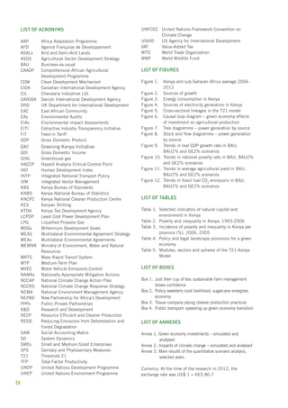 List of acronyms 
AAP Africa Adaptation Programme 
AFD Agence Française de Développement 
ASALs Arid and Semi-Arid Lands 
ASDS Agricultural Sector Development Strategy 
BAU Business-as-usual 
CAADP Comprehensive African Agricultural 
iv 
Development Programme 
CDM Clean Development Mechanism 
CIDA Canadian International Development Agency 
CIL Chandaria Industries Ltd. 
DANIDA Danish International Development Agency 
DfID UK Department for International Development 
EAC East African Community 
EAs Environmental Audits 
EIAs Environmental Impact Assessments 
EITI Extractive Industry Transparency Initiative 
FiT Feed-in Tariff 
GDP Gross Domestic Product 
GKI Greening Kenya Initiative 
GDI Gross Domestic Income 
GHG Greenhouse gas 
HACCP Hazard Analysis Critical Control Point 
HDI Human Development Index 
INTP Integrated National Transport Policy 
IVM Integrated Vector Management 
KBS Kenya Bureau of Standards 
KNBS Kenya National Bureau of Statistics 
KNCPC Kenya National Cleaner Production Centre 
KES Kenyan Shilling 
KTDA Kenya Tea Development Agency 
LCPDP Least Cost Power Development Plan 
LPG Liquefied Propane Gas 
MDGs Millennium Development Goals 
MEAS Multilateral Environmental Agreement Strategy 
MEAs Multilateral Environmental Agreements 
MEWNR Ministry of Environment, Water and Natural 
Resources 
MRTS Mass Rapid Transit System 
MTP Medium-Term Plan 
MVEC Motor Vehicle Emissions Control 
NAMAs Nationally Appropriate Mitigation Actions 
NCCAP National Climate Change Action Plan 
NCCRS National Climate Change Response Strategy 
NEMA National Environment Management Agency 
NEPAD New Partnership for Africa’s Development 
PPPs Public-Private Partnerships 
R&D Research and Development 
RECP Resource Efficient and Cleaner Production 
REDD Reducing Emissions from Deforestation and 
Forest Degradation 
SAM Social Accounting Matrix 
SD System Dynamics 
SMEs Small and Medium-Sized Enterprises 
SPS Sanitary and Phytosanitary Measures 
T21 Threshold 21 
TFP Total Factor Productivity 
UNDP United Nations Development Programme 
UNEP United Nations Environment Programme 
UNFCCC United Nations Framework Convention on 
Climate Change 
USAID US Agency for International Development 
VAT Value-Added Tax 
WTO World Trade Organization 
WWF World Wildlife Fund 
List of figures 
Figure 1. Kenya and sub-Saharan Africa average 2004- 
2012 
Figure 2. Sources of growth 
Figure 3. Energy consumption in Kenya 
Figure 4. Sources of electricity generation in Kenya 
Figure 5. Cross-sectoral linkages in the T21 model 
Figure 6. Causal loop diagram – green economy effects 
of investment on agricultural production 
Figure 7. Tree diagramme – power generation by source 
Figure 8. Stock and flow diagramme – power generation 
by source 
Figure 9. Trends in real GDP growth rate in BAU, 
BAU2% and GE2% scenarios 
Figure 10. Trends in national poverty rate in BAU, BAU2% 
and GE2% scenarios 
Figure 11. Trends in average agricultural yield in BAU, 
BAU2% and GE2% scenarios 
Figure 12. Trends in fossil fuel CO2 emissions in BAU, 
BAU2% and GE2% scenarios 
List of tables 
Table 1. Selected indicators of natural capital and 
environment in Kenya 
Table 2. Poverty and inequality in Kenya, 1993-2006 
Table 3. Incidence of poverty and inequality in Kenya per 
province (%), 2006, 2005 
Table 4. Policy and legal landscape provisions for a green 
economy 
Table 5. Modules, sectors and spheres of the T21-Kenya 
Model 
List of boxes 
Box 1. Just their cup of tea: sustainable farm management 
brews confidence 
Box 2. Policy sweetens rural livelihood; sugarcane energizes 
economy 
Box 3. Tissue company plying cleaner production practices 
Box 4. Public transport: speeding up green economy transition 
List of annexes 
Annex 1. Green economy investments – simulated and 
analysed 
Annex 2. Impacts of climate change – simulated and analysed 
Annex 3. Main results of the quantitative scenario analysis, 
selected years 
Currency: At the time of the research in 2012, the 
exchange rate was US$ 1 = KES 80.7 
 