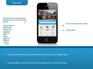 •  Users will find your business when they search our mobile App •  Special offers can be used to bring customers to your business  This will allow users to browse the categories and search by destination, type etc … Accommodation Restaurants Things To Do Attractions Shopping Golf Safaris Night Life Wellness Services … . more Home Page Users can find  businesses  nearby Special Offers 