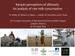Kenyan perceptions of aflatoxin: 
An analysis of raw milk consumption 
M. Walke, N. Mtimet, D. Baker, J. Lindahl, M. Hartmann and D. Grace 
14th European Association of Agricultural Economists (EAAE) Congress 
Ljubljana, Slovenia 
26–29 August 2014  