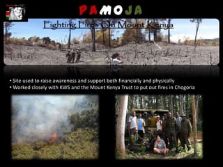 PAMOJA



• Site used to raise awareness and support both financially and physically
• Worked closely with KWS and the Mount Kenya Trust to put out fires in Chogoria
 