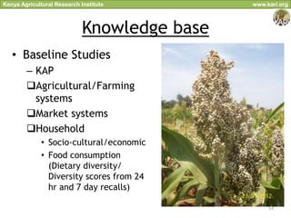 Kenya Agricultural Research Institute         www.kari.org



                             Knowledge base
   • Baseline Studies
        – KAP
        Agricultural/Farming
          systems
        Market systems
        Household
              • Socio-cultural/economic
              • Food consumption
                (Dietary diversity/
                Diversity scores from 24
                hr and 7 day recalls)

                                                   14
 