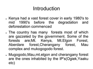 Introduction
●   Kenya had a vast forest cover in early 1980's to
    mid 1990's before the degradation and
    deforestation commenced
●   The country has many forests most of which
    are gazzeted by the government. Some of the
    forests are;Mt. Kenya, Mt.Elgon Forest,
    Aberdare forest,Cherangany forest, Mau
    complex and mukogogodo forest.
●   Mugogodo,Mau,mt.elgon and cherangany forest
    are the ones inhabited by the IP's(Ogiek,Yaaku
    etc)
 