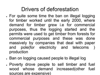 Drivers of deforestation
●   For quite some time the ban on illegal logging
    for timber worked until the early 2000, where
    demand for timber grew i.e for commercial
    purposes, thus the logging started and the
    permits were used to get timber from forests for
    commercial purposes and these was done
    massively by companies that deal with paper
    and pole(for electricity and telecoms )
    production
●   Ban on logging caused people to illegal log
●   Poverty drove people to sell timber and fuel
    wood whose demand increased(other fuel
    sources are expensive)
 