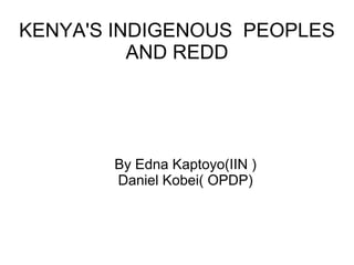 KENYA'S INDIGENOUS PEOPLES
          AND REDD




       By Edna Kaptoyo(IIN )
       Daniel Kobei( OPDP)
 