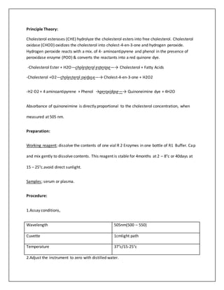 Principle Theory:
Cholesterol esterases (CHE) hydrolyze the cholesterol esters into free cholesterol. Cholesterol
oxidase (CHOD) oxidizes the cholesterol into cholest-4-en-3-one and hydrogen peroxide.
Hydrogen peroxide reacts with a mix. of 4- aminoantipyrene and phenol in the presence of
peroxidase enzyme (POD) & converts the reactants into a red quinone dye.
-Cholesterol Ester + H2O—cholesterol esterase—→ Cholesterol + Fatty Acids
-Cholesterol +O2—cholesterol oxidase—→ Cholest-4-en-3-one + H2O2
-H2 O2 + 4 aminoantipyrene + Phenol →peroxidase—→ Quinoneimine dye + 4H2O
Absorbance of quinoneimine is directly proportional to the cholesterol concentration, when
measured at 505 nm.
Preparation:
Working reagent; dissolve the contents of one vial R 2 Enzymes in one bottle of R1 Buffer. Cap
and mix gently to dissolve contents. This reagent is stable for 4months at 2 – 8°c or 40days at
15 – 25°c.avoid direct sunlight.
Samples; serum or plasma.
Procedure:
1.Assay conditions,
Wavelength 505nm(500 – 550)
Cuvette 1cmlight path
Temperature 37°c/15-25°c
2.Adjust the instrument to zero with distilled water.
 