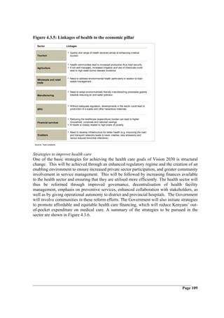 Figure 4.3.5: Linkages of health to the economic pillar
   Sector                 Linkages

                           • Quality and range of health services aimed at enhancing medical
   Tourism                   tourism


                           • Health communities lead to increased production thus food security
   Agriculture             • If not well managed, increased irrigation and use of chemicals could
                             lead to high water-borne disease incidence


   Wholesale and retail
                           • Need to address environmental health particularly in relation to toxic
                             waste management
   trade


                           • Need to adopt environmentally friendly manufacturing processes geared
   Manufacturing             towards reducing air and water pollution



                           • Without adequate regulation, developments in the sector could lead to
   BPO                       production of e-waste and other hazardous materials



                           • Reducing the healthcare (expenditure) burden can lead to higher
   Financial services        (household, corporate and national) savings
                           • Ill health is closely related to high levels of poverty

                           • Need to develop infrastructure for better health (e.g. improving the road
   Enablers                  and transport networks leads to lower crashes, less emissions and
                             hence reduced bronchial infections)

 Source: Team analysis



Strategies to improve health care
One of the basic strategies for achieving the health care goals of Vision 2030 is structural
change. This will be achieved through an enhanced regulatory regime and the creation of an
enabling environment to ensure increased private sector participation, and greater community
involvement in service management. This will be followed by increasing finances available
to the health sector and ensuring that they are utilised more efficiently. The health sector will
thus be reformed through improved governance, decentralisation of health facility
management, emphasis on preventive services, enhanced collaboration with stakeholders, as
well as by giving operational autonomy to district and provincial hospitals. The Government
will involve communities in these reform efforts. The Government will also initiate strategies
to promote affordable and equitable health care financing, which will reduce Kenyans’ out-
of-pocket expenditure on medical care. A summary of the strategies to be pursued in the
sector are shown in Figure 4.3.6.




                                                                                                         Page 109
 