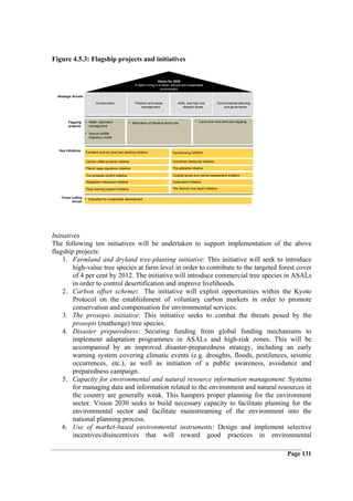 Figure 4.5.3: Flagship projects and initiatives


                                                                              Vision for 2030
                                                            A nation living in a clean, secure and sustainable
                                                                                environment

  Strategic thrusts

                             Conservation                   Pollution and waste            ASAL and high-risk               Environmental planning
                                                                 management                  disaster zones                      and governance



         Flagship     • Water catchment                 • Relocation of Dandora dump site               • Land cover and land use mapping
         projects       management

                      • Secure wildlife
                        migratory routes



   Key initiatives
                      Farmland and dry land tree planting initiative                   Transforming DRSRS

                      Carbon offset scheme initiative                                  Incentives measures initiative

                      Plastic bags regulation imitative                                The jatropha initiative

                      The prosopis control initiative                                  Coastal zones and marine assessment initiative

                      Adaptation measures initiative                                   Exploration initiative

                      Early warning system initiative                                  The Nairobi river basin initiative

    Cross cutting
                  • Education for sustainable development
          issues




Initiatives
The following ten initiatives will be undertaken to support implementation of the above
flagship projects:
    1. Farmland and dryland tree-planting initiative: This initiative will seek to introduce
         high-value tree species at farm level in order to contribute to the targeted forest cover
         of 4 per cent by 2012. The initiative will introduce commercial tree species in ASALs
         in order to control desertification and improve livelihoods.
    2. Carbon offset scheme: The initiative will exploit opportunities within the Kyoto
         Protocol on the establishment of voluntary carbon markets in order to promote
         conservation and compensation for environmental services.
    3. The prosopis initiative: This initiative seeks to combat the threats posed by the
         prosopis (mathenge) tree species.
    4. Disaster preparedness: Securing funding from global funding mechanisms to
         implement adaptation programmes in ASALs and high-risk zones. This will be
         accompanied by an improved disaster-preparedness strategy, including an early
         warning system covering climatic events (e.g. droughts, floods, pestilences, seismic
         occurrences, etc.), as well as initiation of a public awareness, avoidance and
         preparedness campaign.
    5. Capacity for environmental and natural resource information management: Systems
         for managing data and information related to the environment and natural resources in
         the country are generally weak. This hampers proper planning for the environment
         sector. Vision 2030 seeks to build necessary capacity to facilitate planning for the
         environmental sector and facilitate mainstreaming of the environment into the
         national planning process.
    6. Use of market-based environmental instruments: Design and implement selective
         incentives/disincentives that will reward good practices in environmental

                                                                                                                                                     Page 131
 