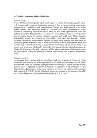 4.7 Gender, Youth and Vulnerable Groups

Gender Equity
Vision 2030 mainstreams gender equity in all aspects of society. In this regard, gender equity
will be addressed by making fundamental changes in four key areas, namely: opportunity;
empowerment; capabilities; and vulnerabilities. Women are disadvantaged in accessing
labour markets and productive resources. Women have been disempowered at the
household, community and national levels. They are also under-represented in social and
political leadership. The capabilities of women have also not been developed to full potential
due to limited access to capital, education, training and health care. Many Kenyans
(particularly women) are exposed to vulnerabilities from civil and domestic violence,
economic shocks and environmental hazards. Although some progress has been made in
addressing gender disparities, a lot of effort still needs to be made. Furthermore, given that
women play a critical role in the socio-economic development of any nation, there is an
urgent need to remove all obstacles that hinder their contribution to national development.
Under this Vision, specific policy measures will be taken to correct the glaring gender gaps
in access to and control of resources, economic opportunities, and in power and political
voice.

Situation analysis
As discussed above, women still face significant challenges as shown in Figure 4.6.1. It is
recognised that women are under-represented at all major decision-making levels within
Government. There are also large wage gaps to the disadvantage of women and only a small
portion can be explained by gender differences in education, work experience or job
characteristics. For instance, women hold a mere 16 per cent of top positions in Government
(job groups Q, R, S, T, U). On the other hand, women are confined to the bottom of the pubic
service with 74 per cent representation in job groups A, B, C, E, and F.




                                                                                     Page 133
 