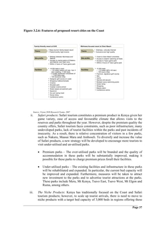 Figure 3.2.6: Features of proposed resort cities on the Coast



           Family-friendly resort at Kilifi                               Wellness-focused resort at Diani Beach

                              • Mass tourism family-based resort                           • Wellness, culturally themed
           Theme                                                          Theme
                              • Predominantly high-income                                  • Exclusive and high quality

                               • Midway between Mombasa and                                •   Close to Diani Beach amenities
           Site profile           Malindi                                 Site profile     •   Access to dolphin watching at Kisite
                               • Access to marine parks at Watamu                          •   Access to Tsavo game park
                                  and Malindi, and Gedi ruins
                                                                                           •   Within 2 hours of Tsavo game park
                               • Within 2 hours of Tsavo game park

                              • ~8 000 beds in land                                        • ~5 000 beds
           Facilities             – ~16 hotels (twelve 4/5 star, four 3   Facilities           – ~12 hotels (80% 4/5 star)
                                    star) totalling ~7 000 beds                                – 100 luxury villas
                                  – 5 quality apartment complexes of                       •   Premium, signature golf course
                                    ~ 1 000 beds total                                     •   Spa
                                  – 100 exclusive villas
                                                                                           •   Gyms
                              •   Designer golf course on coast
                                                                                           •   Saunas and jacuzzi
                              •   Shopping mall/promenade
                                                                                           •   Multiple luxury swimming pools
                              •   Cinema
                                                                                           •   Horse riding
                              •   Wooded park
                                                                                           •   Shopping
                              •   Coastal cuisine school
                                                                                           •   Beauty salon
                              •   Water-based amusement park
                                                                                           •   Conference centre
                              •   Aquarium
                              •   Go-cart racing track
                              •   Horse riding
                              •   Conference centre




       Source: Vision 2030 Research Teams, 2007
     ii.        Safari products: Safari tourism constitutes a premium product in Kenya given her
                game variety, ease of access and favourable climate that allows visits to the
                reserves and parks throughout the year. However, despite the premium quality the
                country offers, Safari tourism faces constraints, such as poor infrastructure, many
                undeveloped parks, lack of tourist facilities within the parks and past incidents of
                insecurity. As a result, there is relative concentration of visitors in a few parks,
                such as Nakuru, Maasai Mara and Amboseli. To diversify and increase the value
                of Safari products, a new strategy will be developed to encourage more tourists to
                visit under-utilised and un-utilised parks.

                •       Premium parks – The over-utilised parks will be branded and the quality of
                        accommodation in these parks will be substantially improved, making it
                        possible for these parks to charge premium prices forall their facilities.

                •       Under-utilised parks – The existing facilities and infrastructure in these parks
                        will be rehabilitated and expanded. In particular, the current bed capacity will
                        be improved and expanded. Furthermore, measures will be taken to attract
                        new investment to the parks and to advertise tourist attractions at the parks.
                        These parks include Meru, Mt Kenya, Tsavo East, Tsavo West, Mt Elgon and
                        Ruma, among others.

    iii.        The Niche Products: Kenya has traditionally focused on the Coast and Safari
                tourism products; however, to scale up tourist arrivals, there is need to move to
                niche products with a target bed capacity of 3,000 beds in regions offering these

                                                                                                                                      Page 37
 